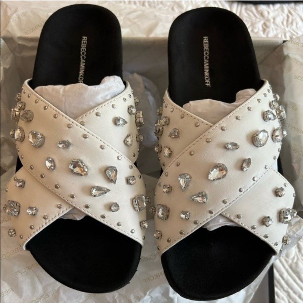 Rebecca Minkoff White Theo Jeweled Leather Slide Sandals - Picture 4 of 6